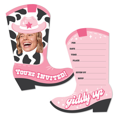 Custom Photo Last Rodeo - Pink Cowgirl Bachelorette Party Fun Face Shaped Fill-In Invitation Cards with Envelopes - Set of 12