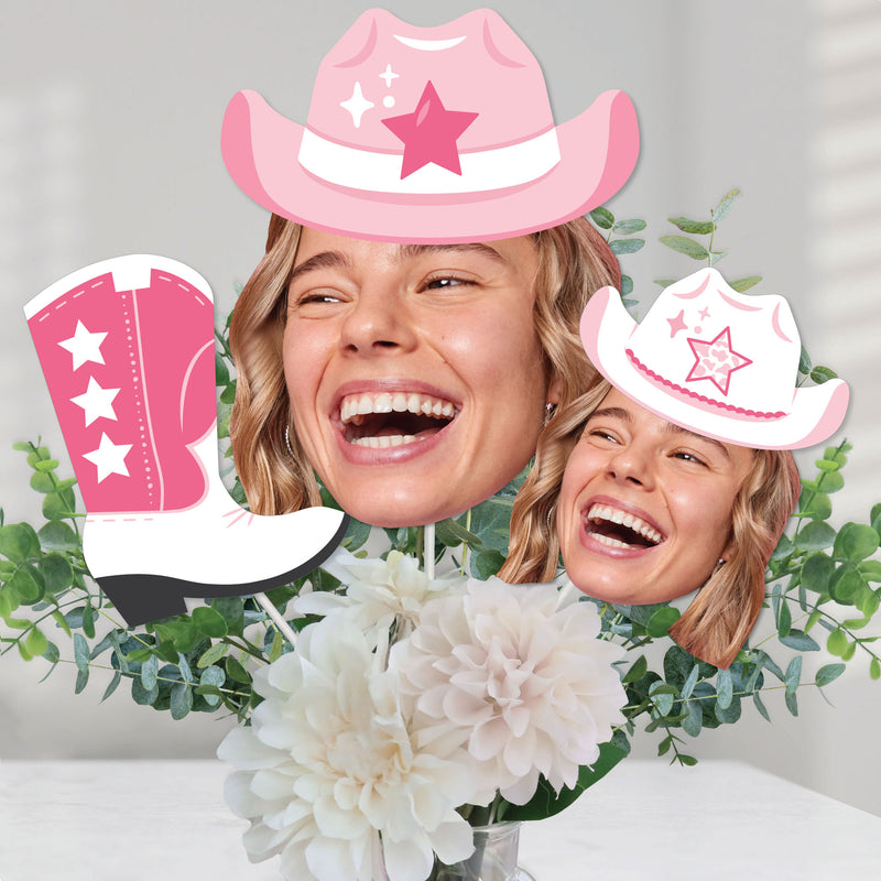 Custom Photo Last Rodeo - Pink Cowgirl Bachelorette Party Centerpiece Sticks - Fun Face Table Toppers - Set of 15