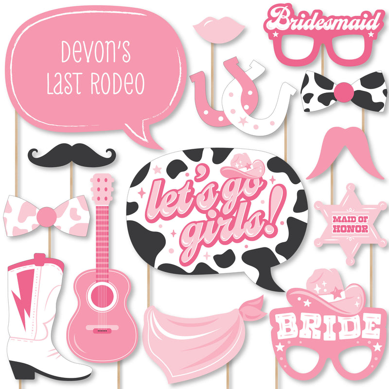 Last Rodeo - Personalized Pink Cowgirl Bachelorette Party Photo Booth Props Kit - 20 Count
