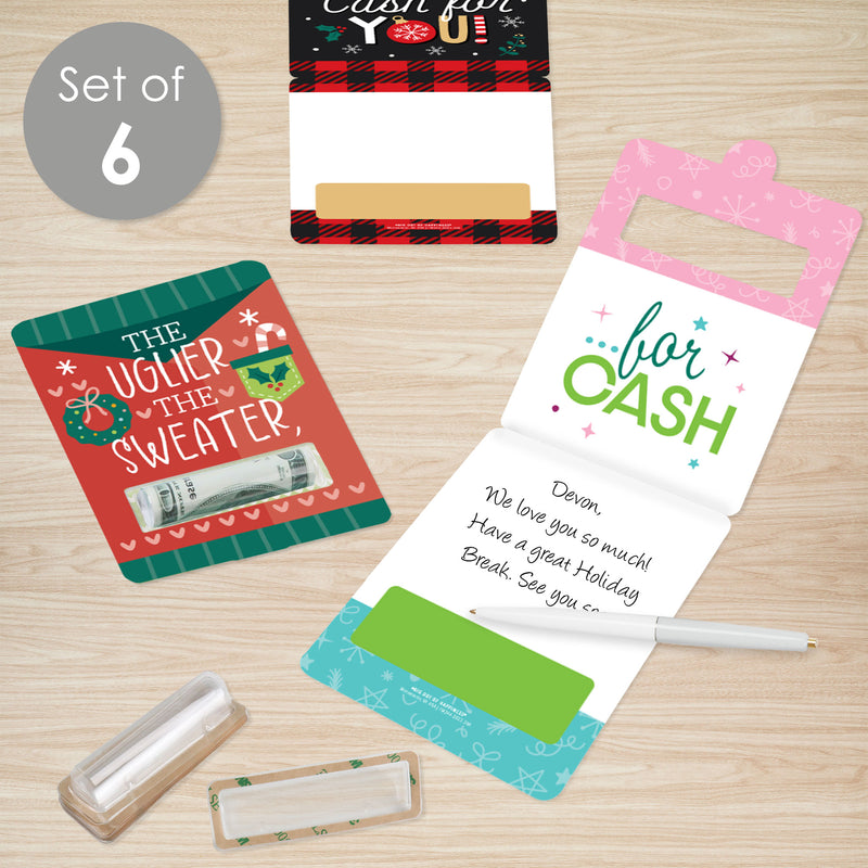 Merry Christmas Cards - DIY Assorted Holiday Party Cash Holder Gift - Funny Money Cards - Set of 6