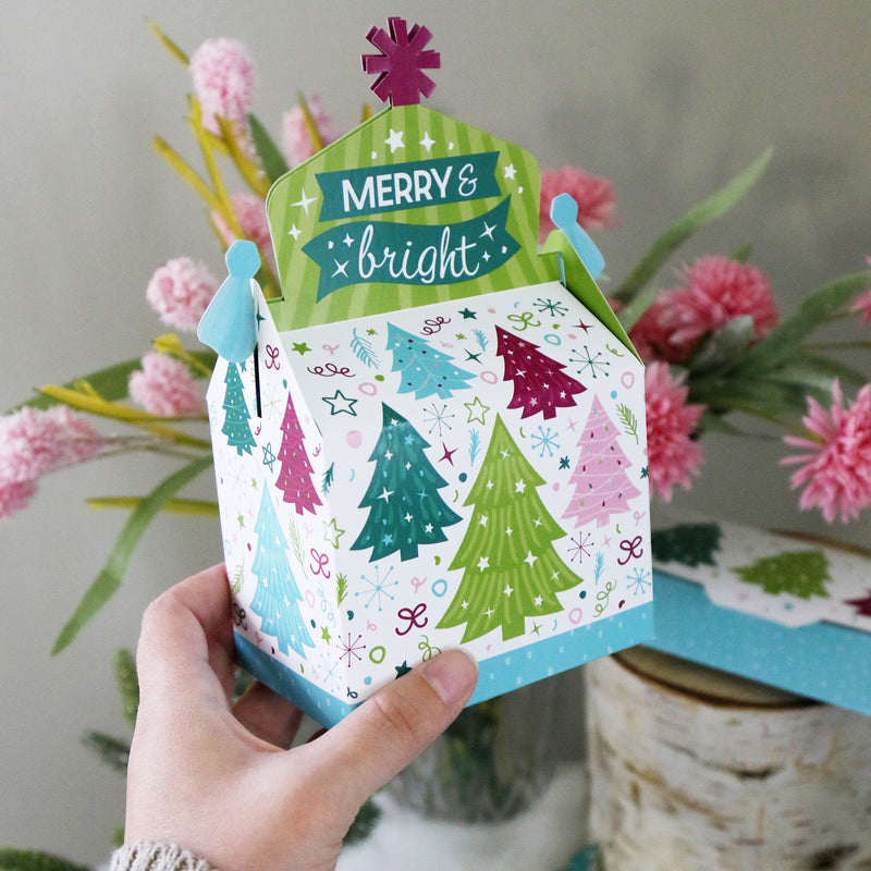 Merry and Bright Trees - Treat Box Party Favors - Colorful Whimsical Christmas Party Goodie Gable Boxes - Set of 12
