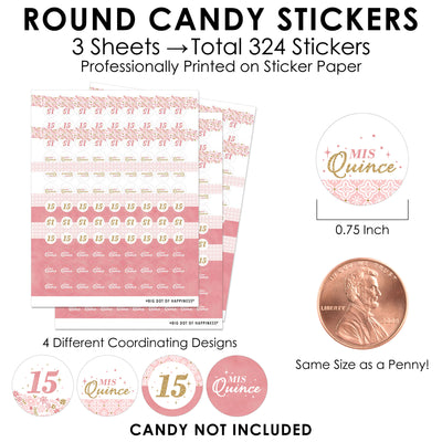 Mis Quince Anos - Quinceanera Sweet 15 Birthday Party Small Round Candy Stickers - Party Favor Labels - 324 Count