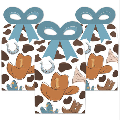 My First Rodeo - Square Favor Gift Boxes - Little Cowboy 1st Birthday Party Bow Boxes - Set of 12