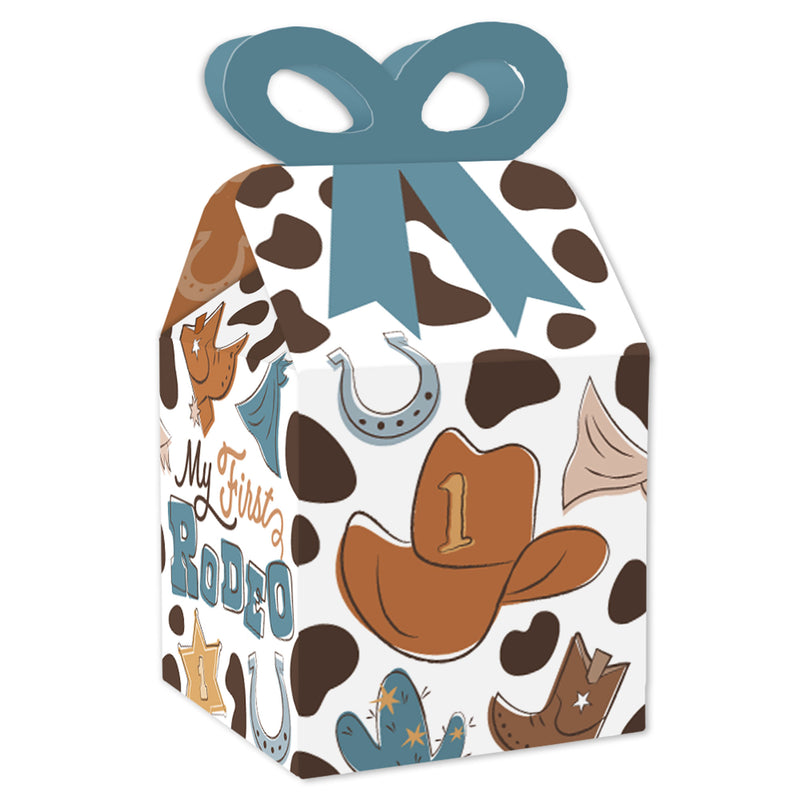 My First Rodeo - Square Favor Gift Boxes - Little Cowboy 1st Birthday Party Bow Boxes - Set of 12