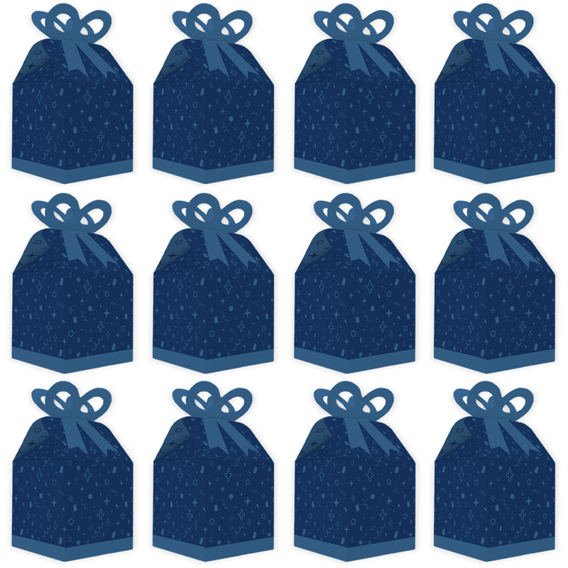 Navy Confetti Stars - Square Favor Gift Boxes - Simple Party Bow Boxes - Set of 12