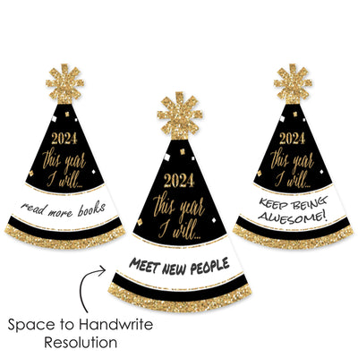 New Year's Eve - Gold - Mini Cone 2024 New Year's Eve Resolution Party Hats - Small Little Party Hats - Set of 8
