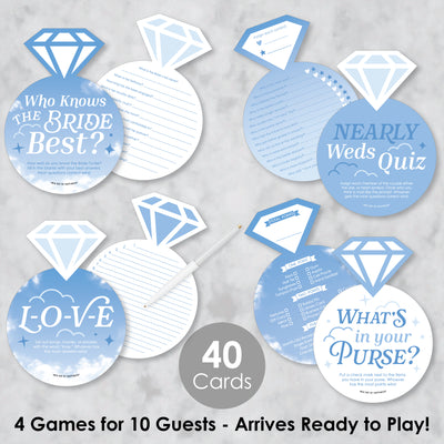 On Cloud 9 - 4 Bridal Shower Games - 10 Cards Each - Who Knows The Bride Best, Bride or Groom Quiz, Whats in Your Purse and Love - Gamerific Bundle