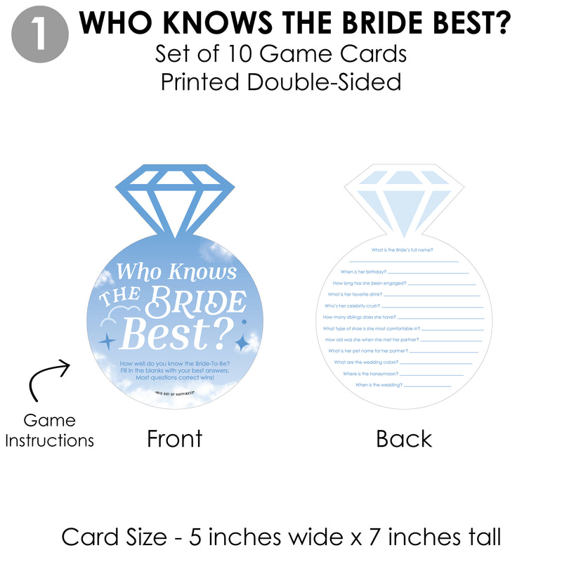 On Cloud 9 - 4 Bridal Shower Games - 10 Cards Each - Who Knows The Bride Best, Bride or Groom Quiz, Whats in Your Purse and Love - Gamerific Bundle