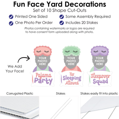 Custom Photo Pajama Slumber Party - Fun Face Lawn Decorations - Girls Sleepover Birthday Party Outdoor Yard Signs - 10 Piece