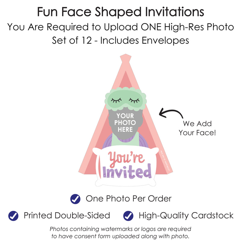 Custom Photo Pajama Slumber Party - Girls Sleepover Birthday Party Fun Face Shaped Fill-In Invitation Cards with Envelopes - Set of 12