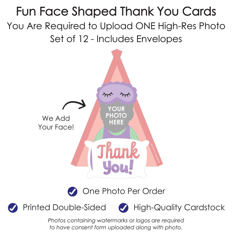 Custom Photo Pajama Slumber Party - Girls Sleepover Birthday Party Fun Face Shaped Thank You Cards with Envelopes - Set of 12