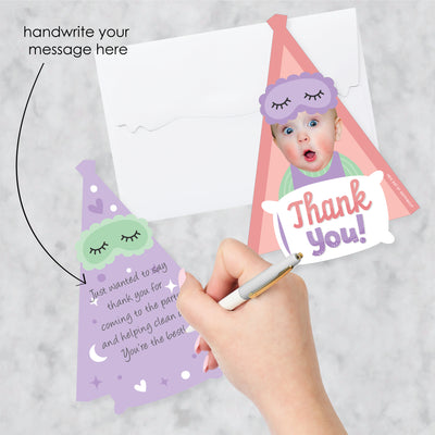 Custom Photo Pajama Slumber Party - Girls Sleepover Birthday Party Fun Face Shaped Thank You Cards with Envelopes - Set of 12