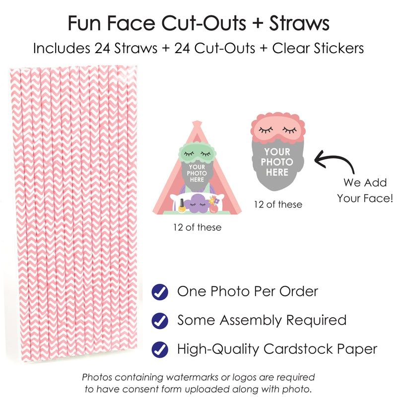 Custom Photo Pajama Slumber Party - Girls Sleepover Birthday Party Fun Face Paper Straw Decor - Set of 24