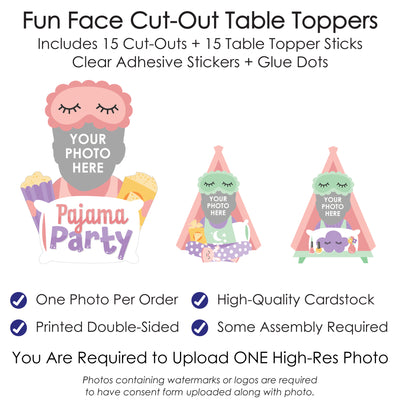 Custom Photo Pajama Slumber Party - Girls Sleepover Birthday Party Centerpiece Sticks - Fun Face Table Toppers - Set of 15