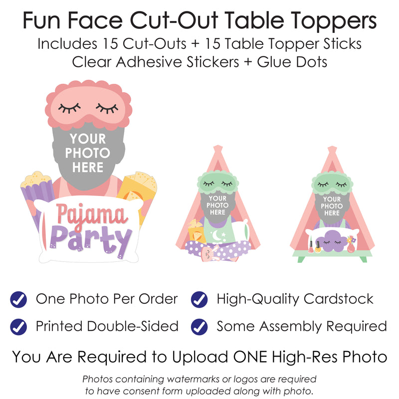 Custom Photo Pajama Slumber Party - Girls Sleepover Birthday Party Centerpiece Sticks - Fun Face Table Toppers - Set of 15