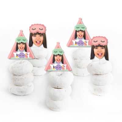 Custom Photo Pajama Slumber Party - Girls Sleepover Birthday Party Dessert Cupcake Toppers - Fun Face Clear Treat Picks - Set of 24
