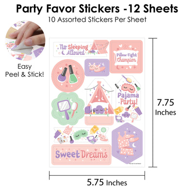 Pajama Slumber Party - Girls Sleepover Birthday Party Favor Sticker Set - 12 Sheets - 120 Stickers