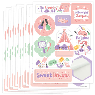 Pajama Slumber Party - Girls Sleepover Birthday Party Favor Sticker Set - 12 Sheets - 120 Stickers