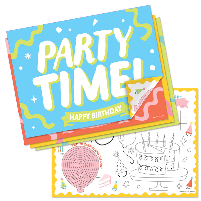 Party Time - Paper Happy Birthday Party Coloring Sheets - Activity Placemats - Set of 16