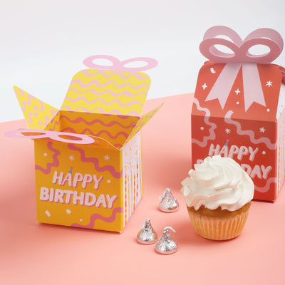 Party Time - Square Favor Gift Boxes - Happy Birthday Party Bow Boxes - Set of 12