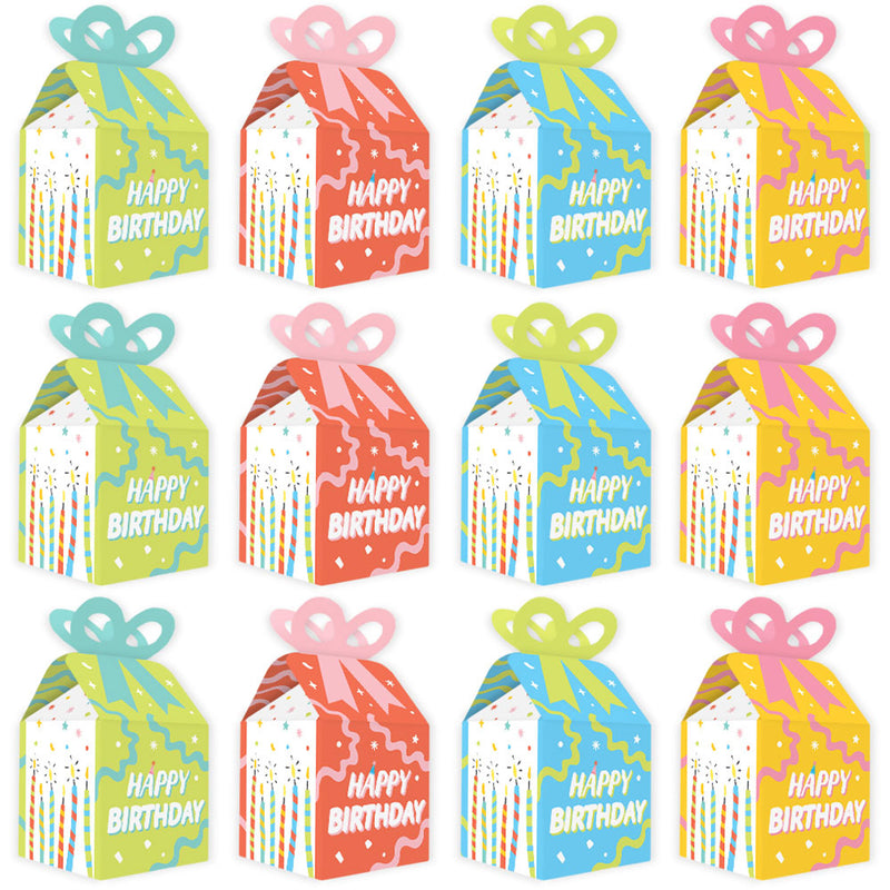 Party Time - Square Favor Gift Boxes - Happy Birthday Party Bow Boxes - Set of 12