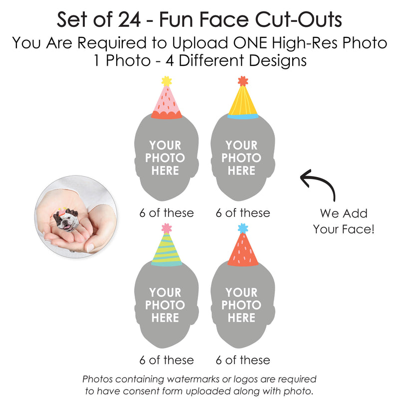 Custom Photo Party Time - Happy Birthday Party DIY Shaped Fun Face Cut-Outs - 24 Count