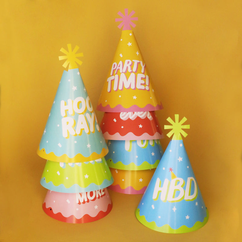 Party Time - Cone Happy Birthday Party Hats for Kids and Adults - Set of 8 (Standard Size)