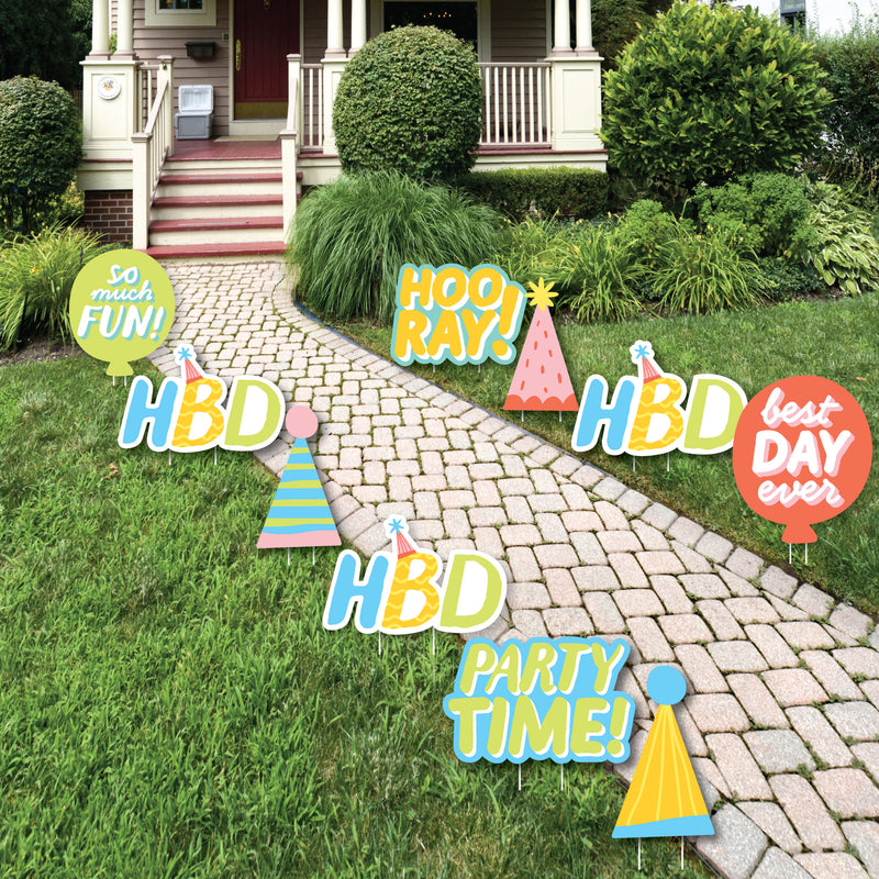 Party Time - Hats and Balloons Lawn Decorations - Outdoor Happy Birthday Party Yard Decorations - 10 Piece