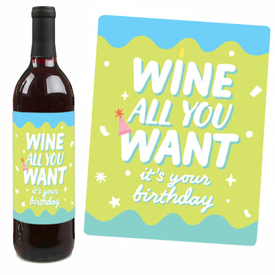 Party Time - Happy Birthday Party Decorations for Women and Men - Wine Bottle Label Stickers - Set of 4