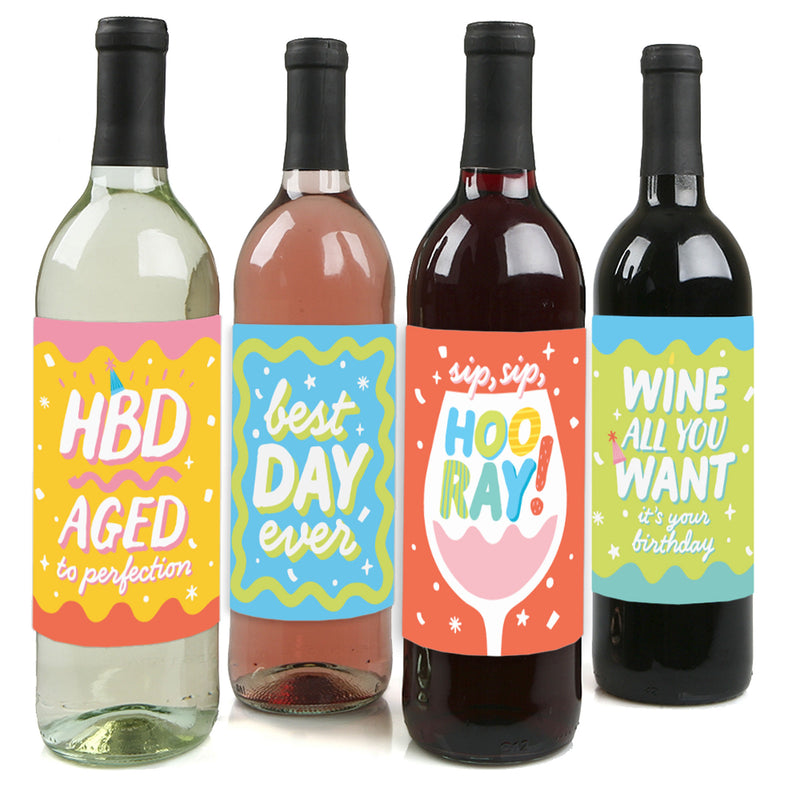 Party Time - Happy Birthday Party Decorations for Women and Men - Wine Bottle Label Stickers - Set of 4