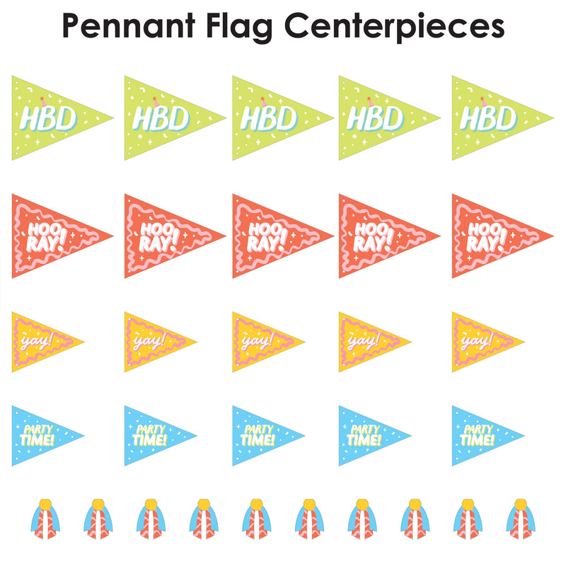 Party Time - Triangle Happy Birthday Party Photo Props - Pennant Flag Centerpieces - Set of 20