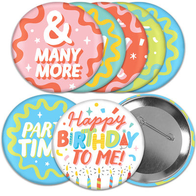 Party Time - 3 inch Happy Birthday Party Badge - Pinback Buttons - Set of 8