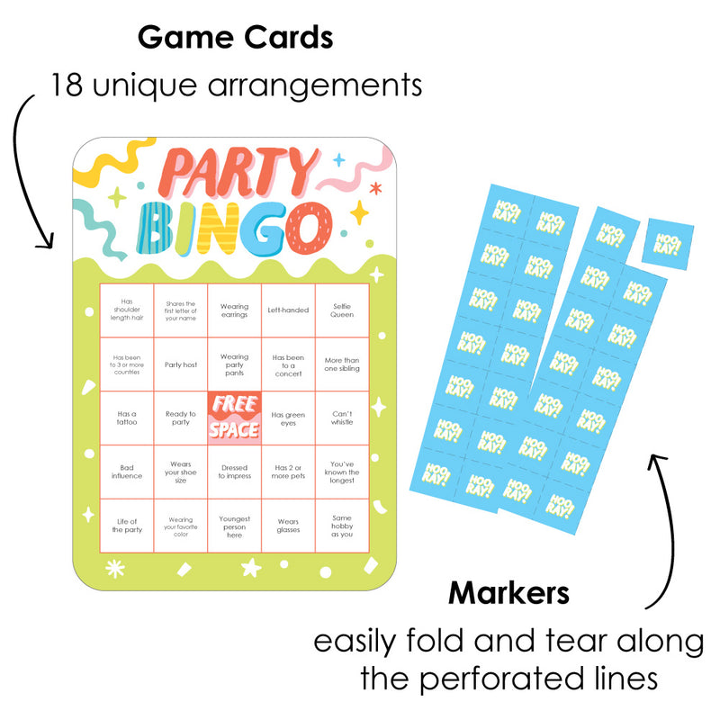 Find the Guest Party Time - Bingo Cards and Markers - Happy Birthday Party Bingo Game - Set of 18