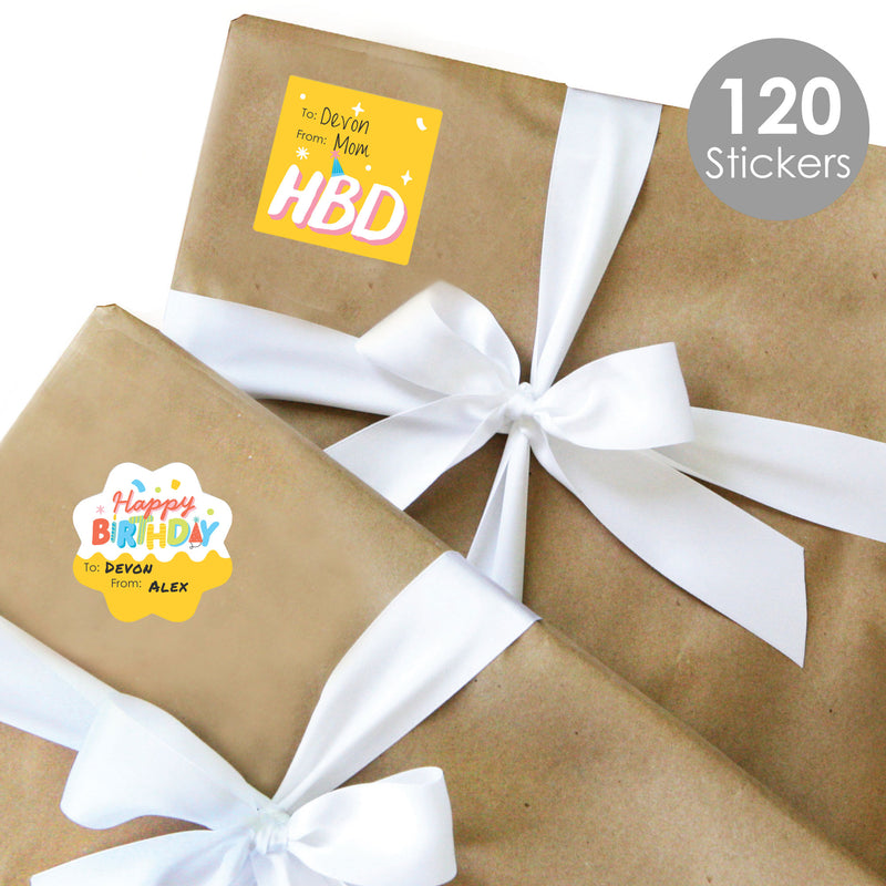 Party Time - Assorted Happy Birthday Party Gift Tag Labels - To and From Stickers - 12 Sheets - 120 Stickers