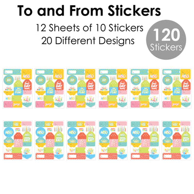 Party Time - Assorted Happy Birthday Party Gift Tag Labels - To and From Stickers - 12 Sheets - 120 Stickers