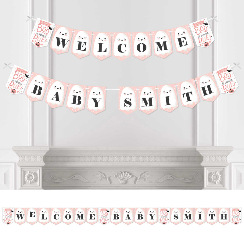 Personalized Pastel Halloween - Custom Pink Pumpkin Baby Shower Bunting Banner and Decorations - Welcome Baby Custom Name Banner