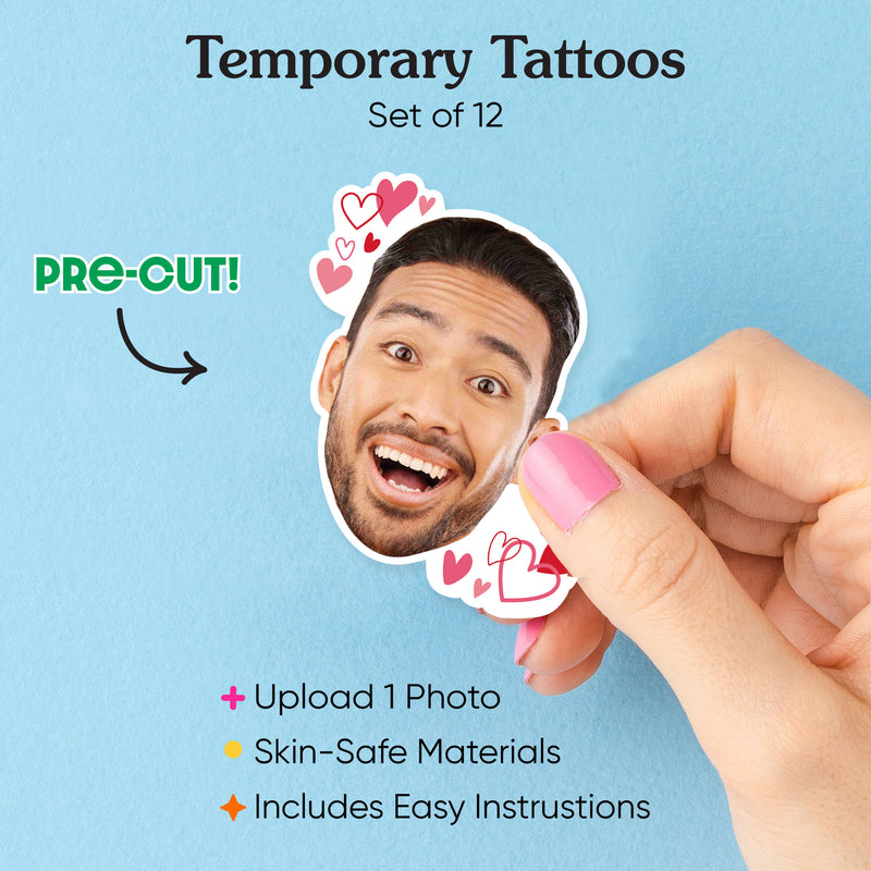 Custom Photo Pink and Red Hearts - Bachelorette Party Favors - Fun Face Temporary Tattoos - Set of 12