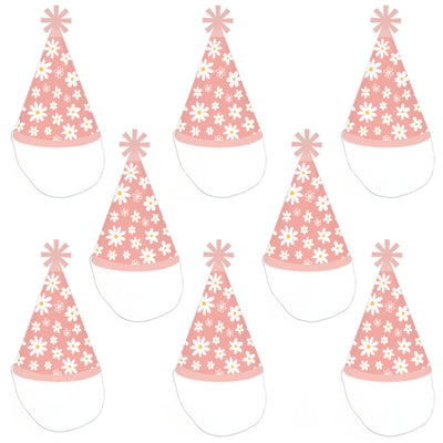 Pink Daisy Flowers - Cone Happy Birthday Party Hats for Kids and Adults - Set of 8 (Standard Size)