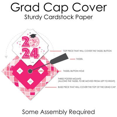 Pink Disco Ball - 2024 Graduation Cap Decorations Kit - Grad Cap Cover