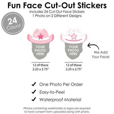 Custom Photo Pink First Rodeo - Cowgirl 1st Birthday Party Favors - Fun Face Cut-Out Stickers - Set of 24