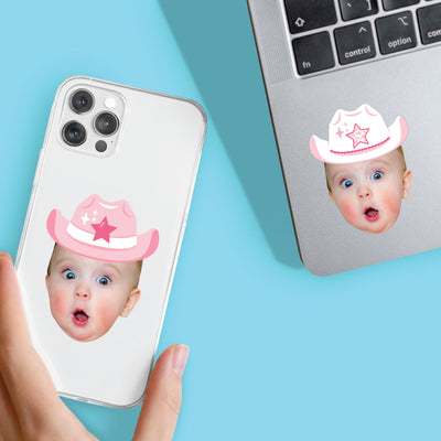 Custom Photo Pink First Rodeo - Cowgirl 1st Birthday Party Favors - Fun Face Cut-Out Stickers - Set of 24