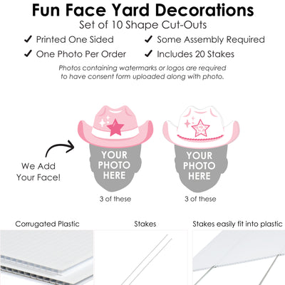 Custom Photo Pink First Rodeo - Fun Face Lawn Decorations - Cowgirl 1st Birthday Party Outdoor Yard Signs - 10 Piece