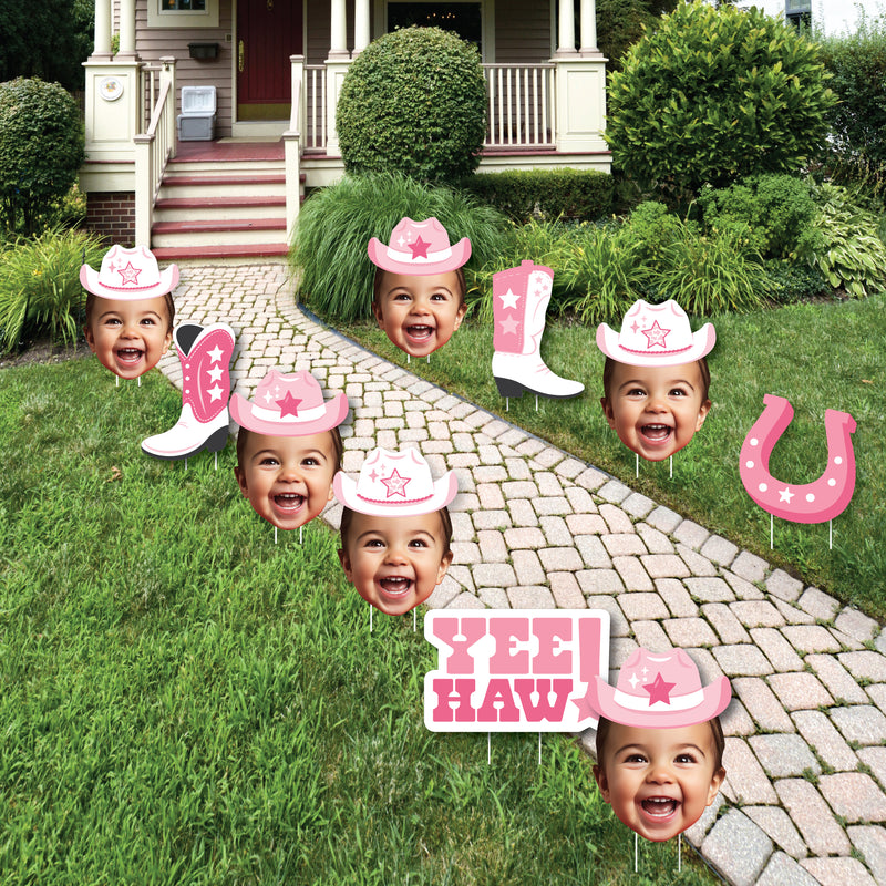 Custom Photo Pink First Rodeo - Fun Face Lawn Decorations - Cowgirl 1st Birthday Party Outdoor Yard Signs - 10 Piece