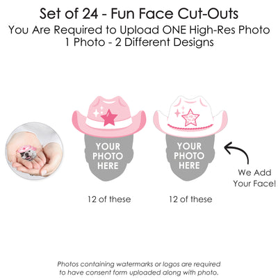 Custom Photo Pink First Rodeo - Cowgirl 1st Birthday Party DIY Shaped Fun Face Cut-Outs - 24 Count