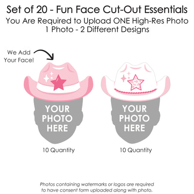 Custom Photo Pink First Rodeo - Fun Face Decorations DIY Cowgirl 1st Birthday Party Essentials - Set of 20