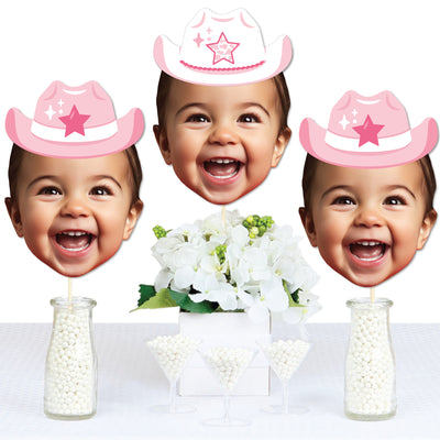 Custom Photo Pink First Rodeo - Fun Face Decorations DIY Cowgirl 1st Birthday Party Essentials - Set of 20