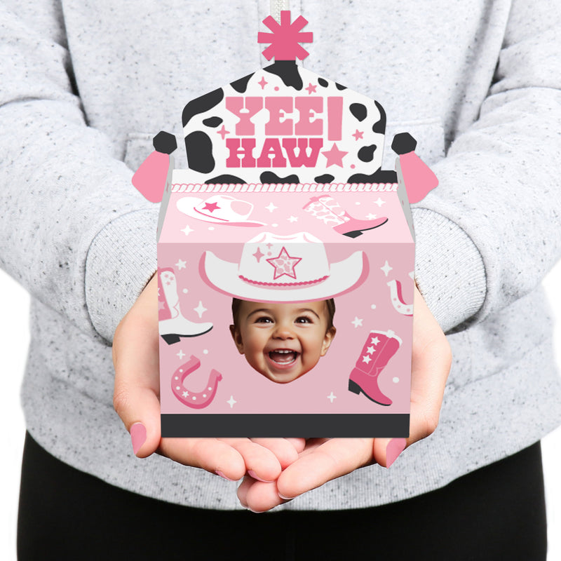 Custom Photo Pink First Rodeo - Pink Western Treat Box Party Favors - Fun Face Goodie Gable Boxes - Set of 12