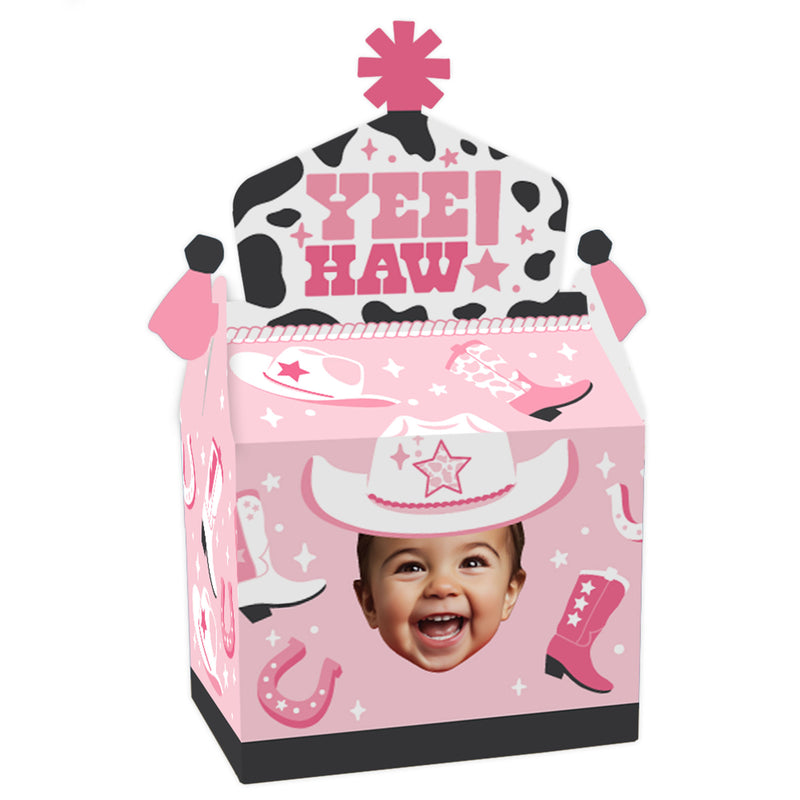 Custom Photo Pink First Rodeo - Pink Western Treat Box Party Favors - Fun Face Goodie Gable Boxes - Set of 12
