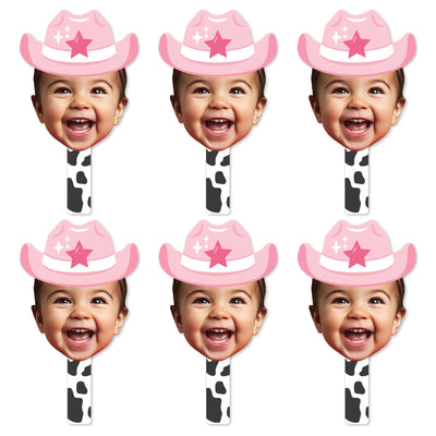Custom Photo Pink First Rodeo - Cowgirl 1st Birthday Party Head Cut Out Photo Booth and Fan Props - Fun Face Cutout Paddles - Set of 6