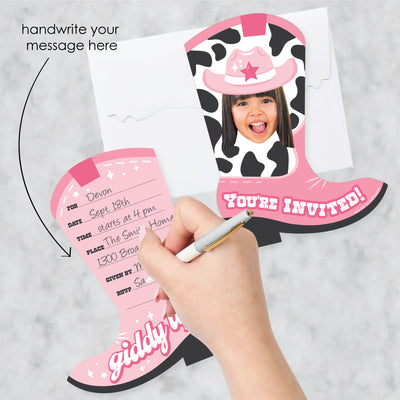 Custom Photo Pink First Rodeo - Cowgirl 1st Birthday Party Fun Face Shaped Fill-In Invitation Cards with Envelopes - Set of 12